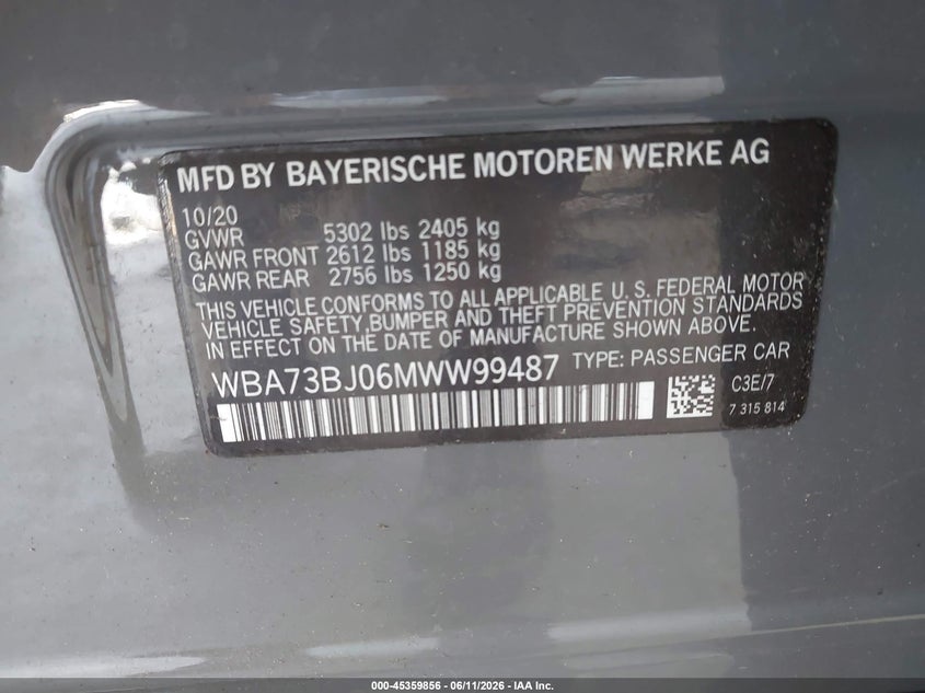 2021 BMW 5er VIN WBA73BJ06MWW99487 IAAI salvage auction — FRONT END, Salvage Title, sold $12,100 on 2026-07-15 (photo 9)