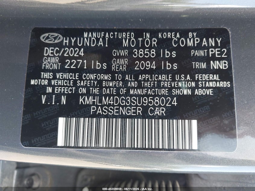 2025 Hyundai Elantra VIN KMHLM4DG3SU958024 IAAI salvage auction — REAR END, Salvage Title, sold $4,700 on 2026-08-26 (photo 9)