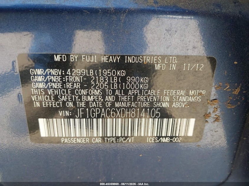 2013 Subaru Impreza VIN JF1GPAC6XDH814105 IAAI salvage auction — SIDE, Salvage (Massachusetts), sold $550 on 2026-07-17 (photo 9)