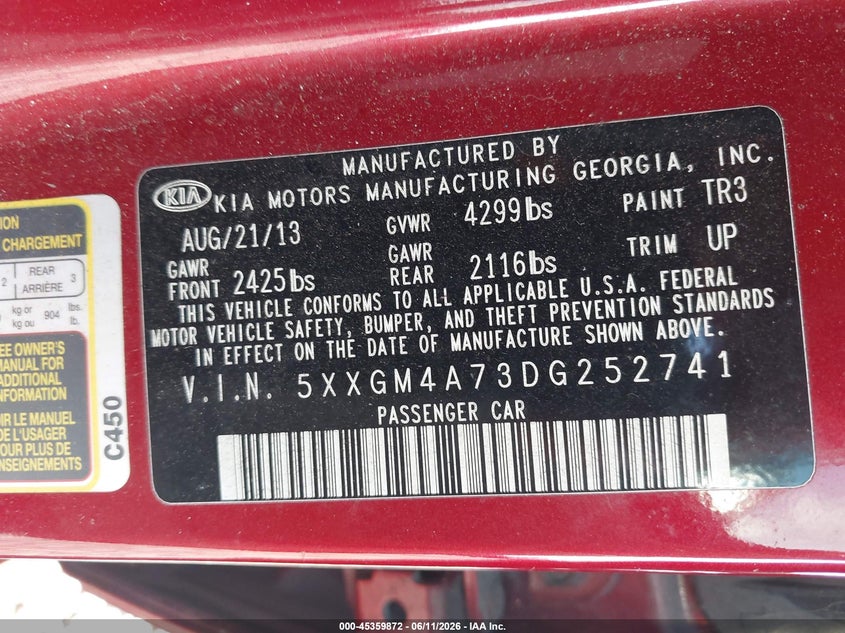 2013 Kia Optima VIN 5XXGM4A73DG252741 IAAI salvage auction — LEFT FRONT, Salvage (Georgia), sold $500 on 2026-07-30 (photo 9)