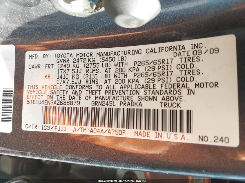 2010 Toyota Tacoma VIN 5TELU4EN3AZ688879 IAAI salvage auction — FRONT END, Salvage (Georgia), sold $6,100 on 2026-07-06 (photo 9)