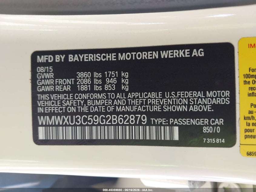 2016 Mini Hard top VIN WMWXU3C59G2B62879 IAAI salvage auction — REAR END, Bill Of Sale (Washington), sold $3,450 on 2026-07-08 (photo 9)