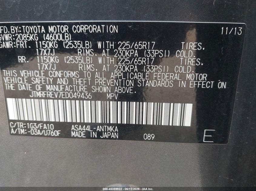 2014 Toyota Rav 4 VIN JTMRFREV7ED049436 IAAI salvage auction — LEFT REAR, Clear (Wisconsin), sold $4,250 on 2026-07-09 (photo 9)