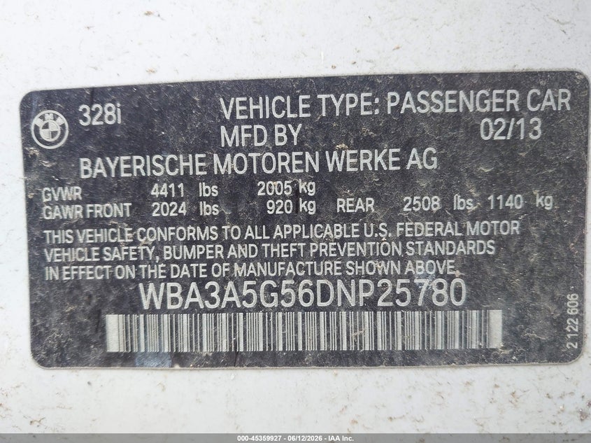 2013 BMW 3 series VIN WBA3A5G56DNP25780 IAAI salvage auction — FRONT END, Original (Texas), sold $1,050 on 2026-07-20 (photo 9)