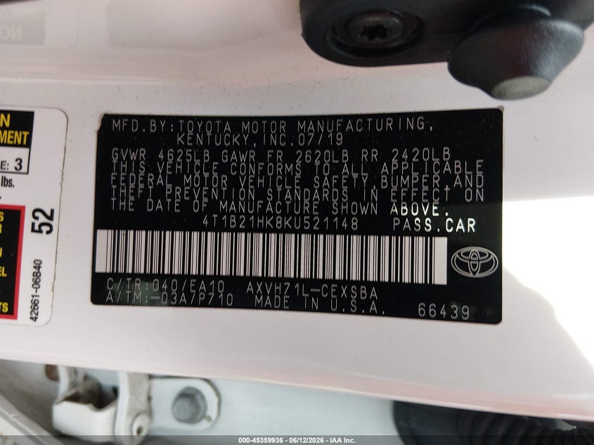 2019 Toyota Camry VIN 4T1B21HK8KU521148 IAAI salvage auction — SIDE, Salvage (New Jersey), sold $6,600 on 2026-07-31 (photo 9)
