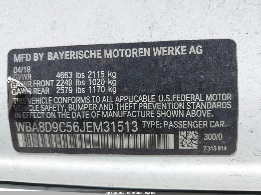 2018 BMW 3er VIN WBA8D9C56JEM31513 IAAI salvage auction — RIGHT FRONT, Salvage (California), sold $4,100 on 2026-07-24 (photo 9)
