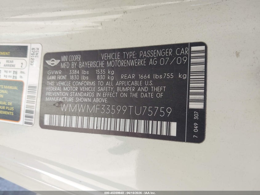 2009 Mini Cooper VIN WMWMF33599TU75759 IAAI salvage auction — NORMAL WEAR, Clear - Dealer Only (California), sold $1,125 on 2026-07-14 (photo 9)