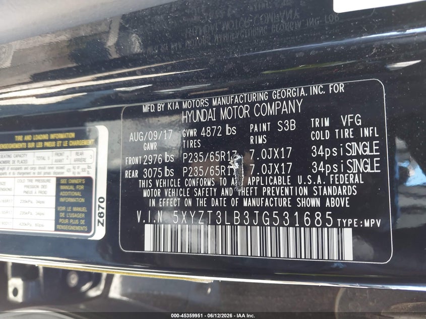 2018 Hyundai Santa fe VIN 5XYZT3LB3JG531685 IAAI salvage auction — FRONT END, Junk Bill Of Sale Mv2459 (Wisconsin), sold $575 on 2026-07-14 (photo 9)