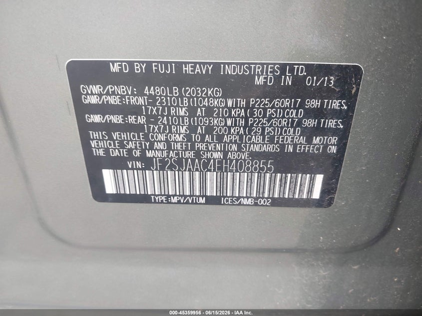 2014 Subaru Forester VIN JF2SJAAC4EH408855 IAAI salvage auction — FRONT & REAR, Salvage - Greater Than 75% (Maryland), sold $450 on 2026-07-14 (photo 9)