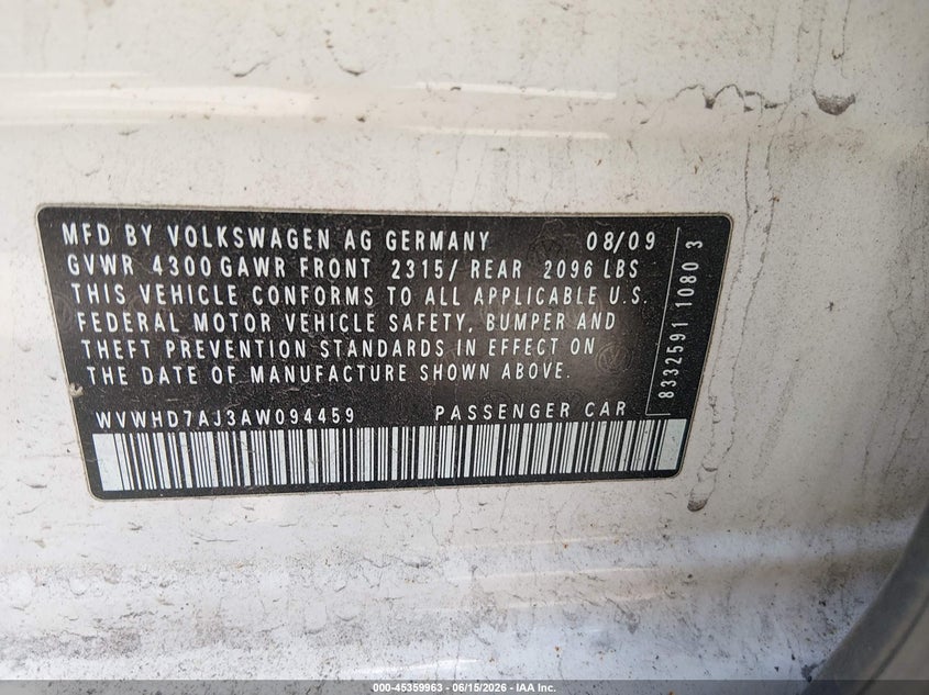 2010 Volkswagen Gti VIN WVWHD7AJ3AW094459 IAAI salvage auction — RIGHT FRONT, Salvage (Ohio), sold $1,350 on 2026-07-14 (photo 9)