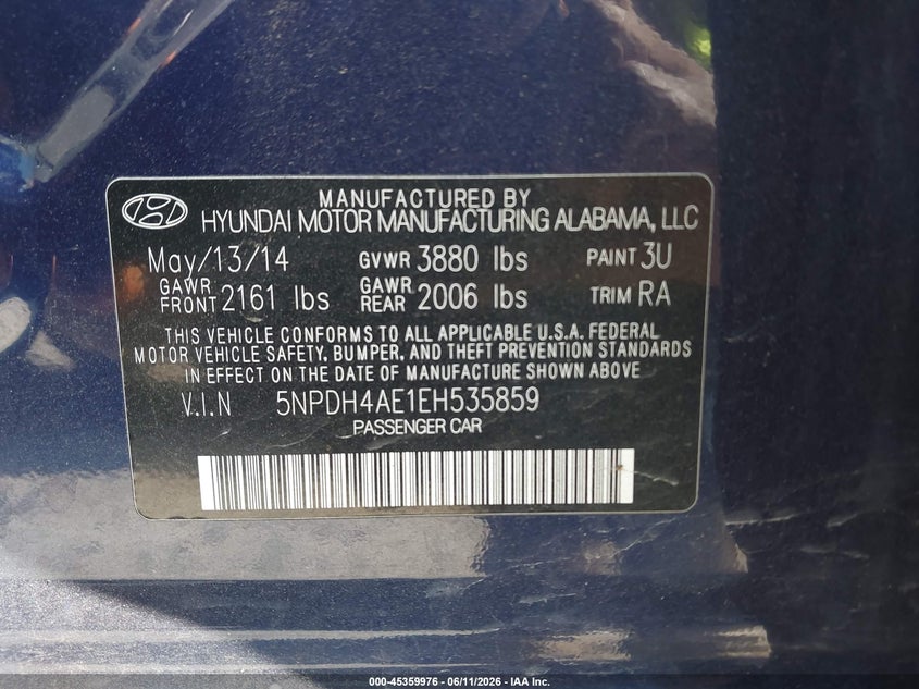 2014 Hyundai Elantra VIN 5NPDH4AE1EH535859 IAAI salvage auction — THEFT, Salvage (North Carolina), sold $775 on 2026-07-05 (photo 9)