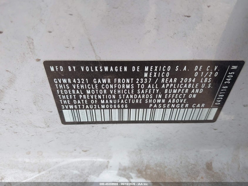 2020 Volkswagen Golf gti VIN 3VW6T7AU2LM006666 IAAI salvage auction — FRONT END, Original (Texas), sold $4,850 on 2026-08-10 (photo 9)