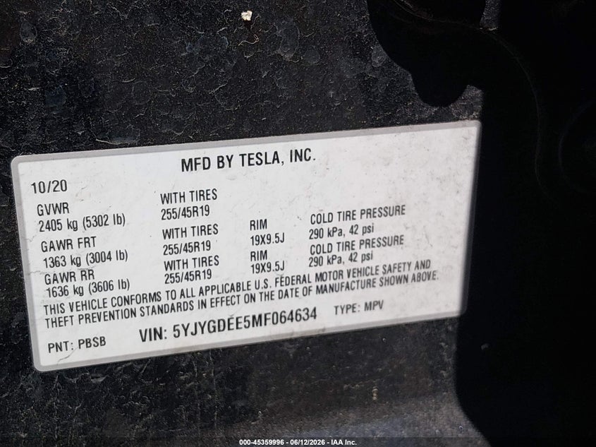 2021 Tesla Model y VIN 5YJYGDEE5MF064634 IAAI salvage auction — LEFT FRONT, Salvage - Greater Than 75% (Maryland), sold $6,100 on 2026-07-08 (photo 9)