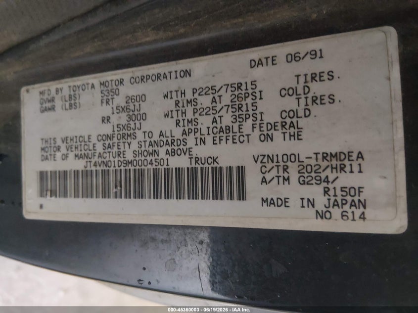 1991 Toyota Pickup VIN JT4VN01D9M0004501 IAAI salvage auction — FRONT END, Salvage (Tennessee), sold $2,050 on 2026-07-19 (photo 9)