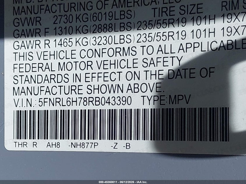 2024 Honda Odyssey VIN 5FNRL6H78RB043390 IAAI salvage auction — SIDE, Salvage Title, sold $7,700 on 2026-07-29 (photo 9)