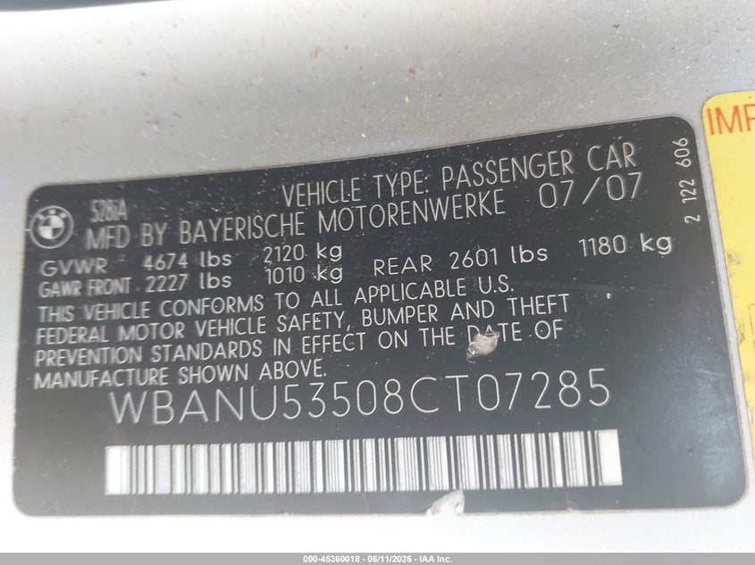 2008 BMW 5 series VIN WBANU53508CT07285 IAAI salvage auction — NORMAL WEAR, Clear (Florida), sold $300 on 2026-07-22 (photo 9)