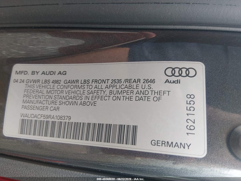 2024 Audi A5 VIN WAUDACF59RA108379 IAAI salvage auction — SIDE, Clear (Tennessee), sold $17,650 on 2026-08-27 (photo 9)