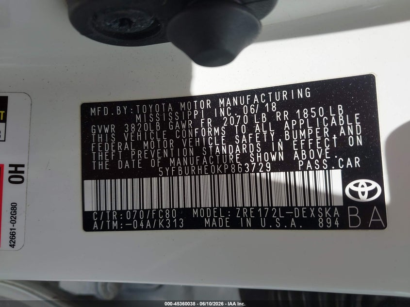 2019 Toyota Corolla VIN 5YFBURHE0KP863729 IAAI salvage auction — FRONT END, Rebuildable (Florida), sold $4,150 on 2026-07-30 (photo 9)