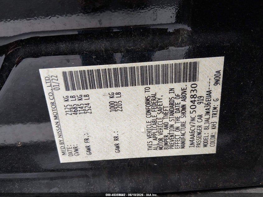 2022 Nissan Maxima VIN 1N4AA6CV7NC504830 IAAI salvage auction — NORMAL WEAR, SF97 (Virginia), sold $13,650 on 2026-07-22 (photo 9)