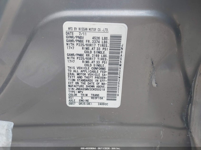 2012 Nissan Rogue VIN JN8AS5MV2CW350219 IAAI salvage auction — LEFT SIDE, Salvage (Ohio), sold $275 on 2026-07-13 (photo 9)