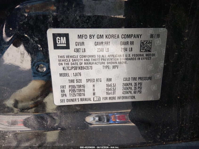 2019 Chevrolet Trax VIN KL7CJPSB1KB943570 IAAI salvage auction — REAR END, Salvage (Maine), sold $1,400 on 2026-07-27 (photo 9)