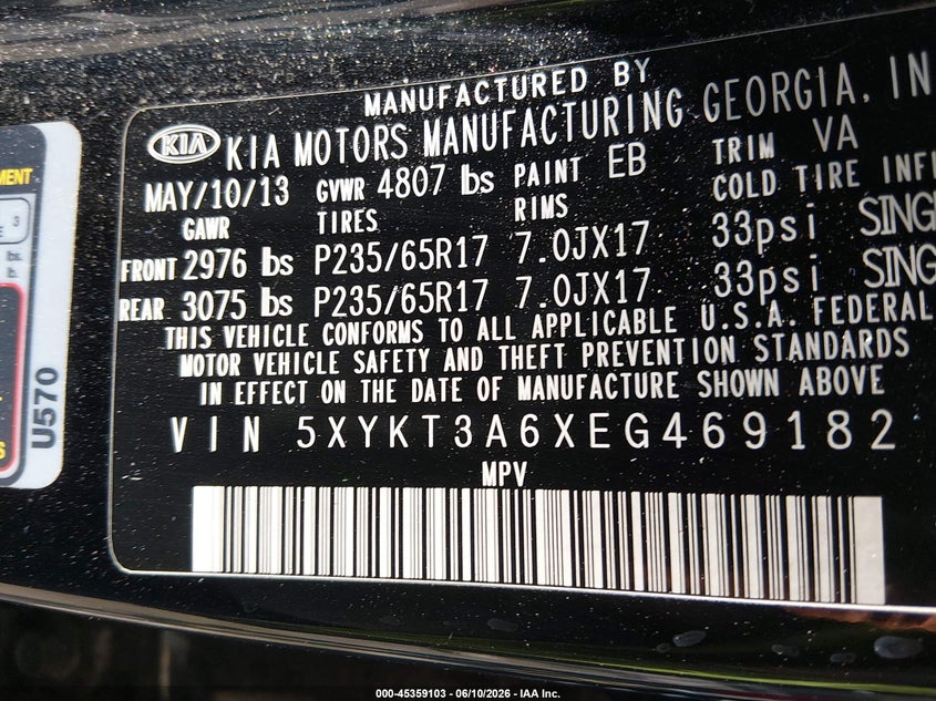 2014 Kia Sorento VIN 5XYKT3A6XEG469182 IAAI salvage auction — RIGHT SIDE, Clear (Indiana), sold $1,350 on 2026-07-19 (photo 9)