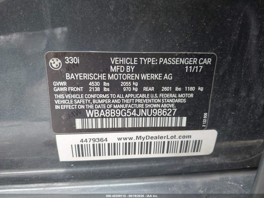2018 BMW 3er VIN WBA8B9G54JNU98627 IAAI salvage auction — MECHANICAL, Original (Texas), sold $1,550 on 2026-07-29 (photo 9)