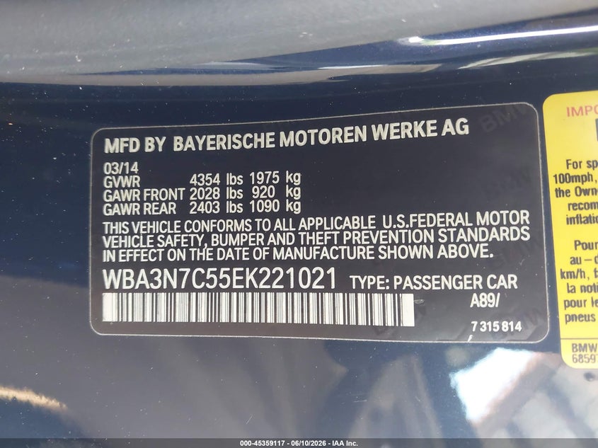 2014 BMW 4er VIN WBA3N7C55EK221021 IAAI salvage auction — NORMAL WEAR, Clear (Florida), sold $1,225 on 2026-07-21 (photo 9)