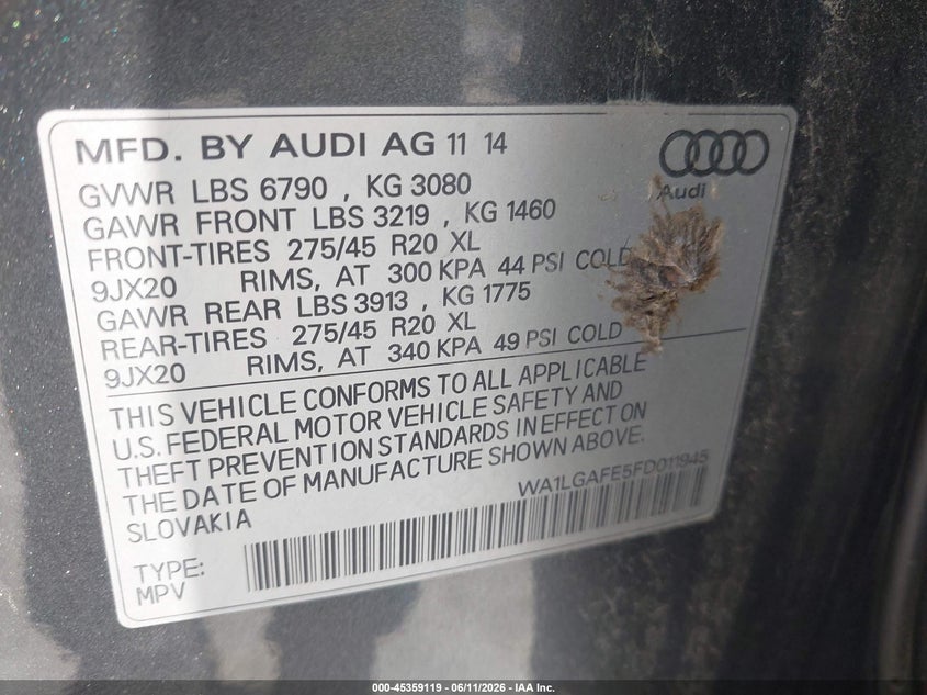 2015 Audi Q7 VIN WA1LGAFE5FD011945 IAAI salvage auction — NORMAL WEAR, Clear (Georgia), sold $1,000 on 2026-07-15 (photo 9)