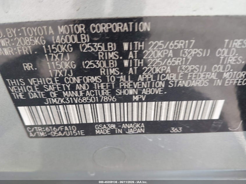 2008 Toyota Rav 4 VIN JTMZK31V685017896 IAAI salvage auction — FRONT END, Rebuildable (Florida), sold $550 on 2026-07-07 (photo 9)