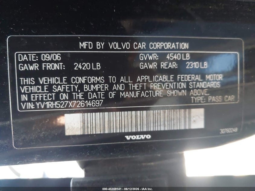 2007 Volvo S60 VIN YV1RH527X72614697 IAAI salvage auction — FRONT & REAR, Salvage - Greater Than 75% (Maryland), sold $250 on 2026-07-11 (photo 9)
