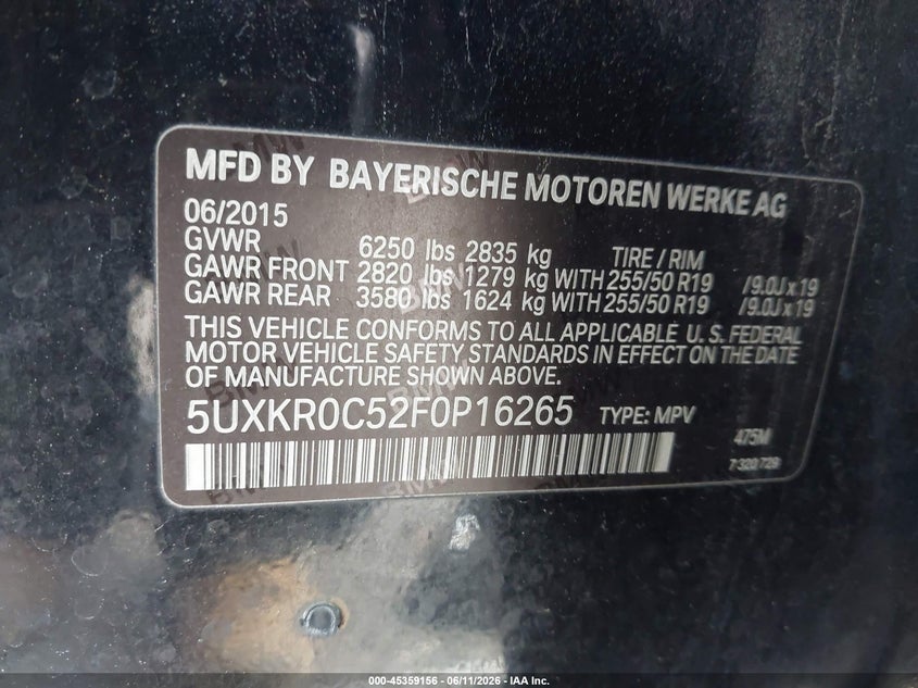 2015 BMW X5 VIN 5UXKR0C52F0P16265 IAAI salvage auction — FRONT END, Original (Texas), sold $2,950 on 2026-07-22 (photo 9)