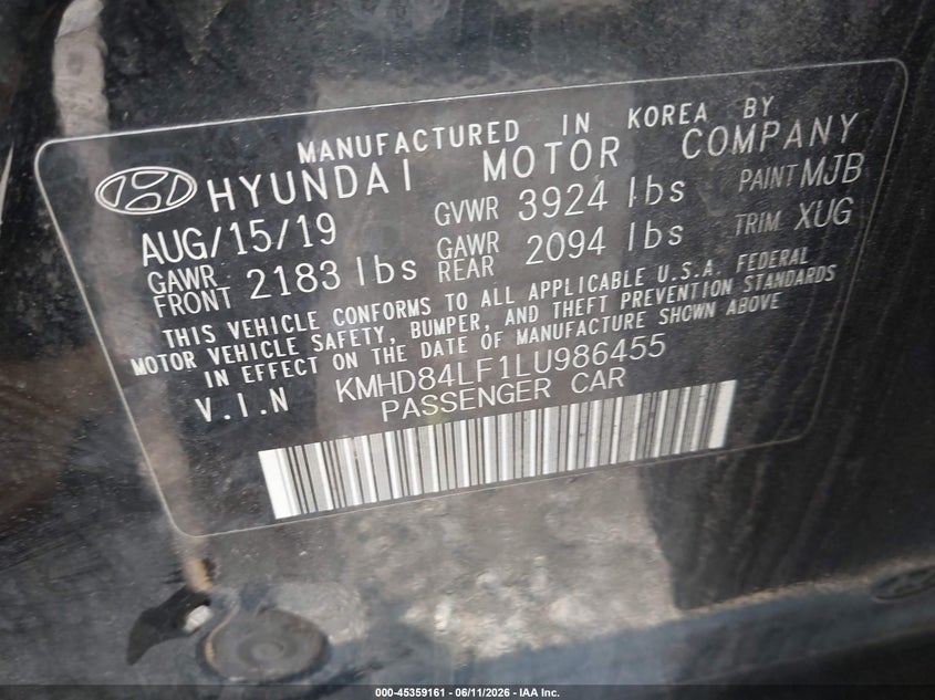2020 Hyundai Elantra VIN KMHD84LF1LU986455 IAAI salvage auction — FRONT END, Salvage Title, sold $2,050 on 2026-07-21 (photo 9)
