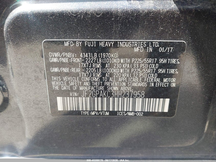 2017 Subaru Xv VIN JF2GPAKC3HH237958 IAAI salvage auction — ROLLOVER, Salvage (Texas), sold $125 on 2026-07-29 (photo 9)