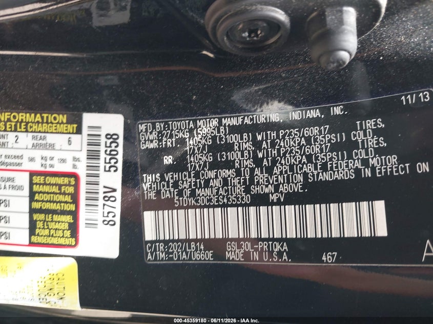 2014 Toyota Sienna VIN 5TDYK3DC3ES435330 IAAI salvage auction — FRONT END, Salvage Title, sold $1,700 on 2026-07-21 (photo 9)