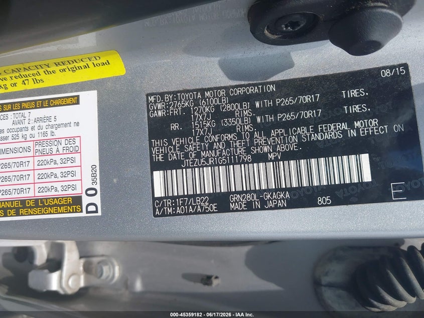 2016 Toyota 4runner VIN JTEZU5JR1G5111798 IAAI salvage auction — LEFT FRONT, Salvage (Tennessee), sold $8,300 on 2026-07-15 (photo 9)