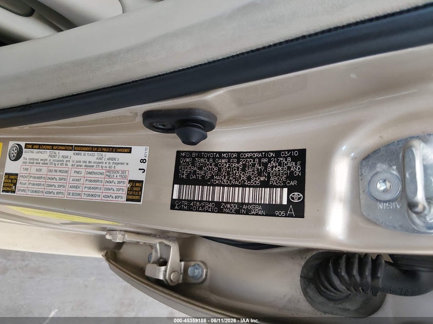 2010 Toyota Prius VIN JTDKN3DU9A0146505 IAAI salvage auction — NORMAL WEAR, Clear (Florida), sold $950 on 2026-07-08 (photo 9)