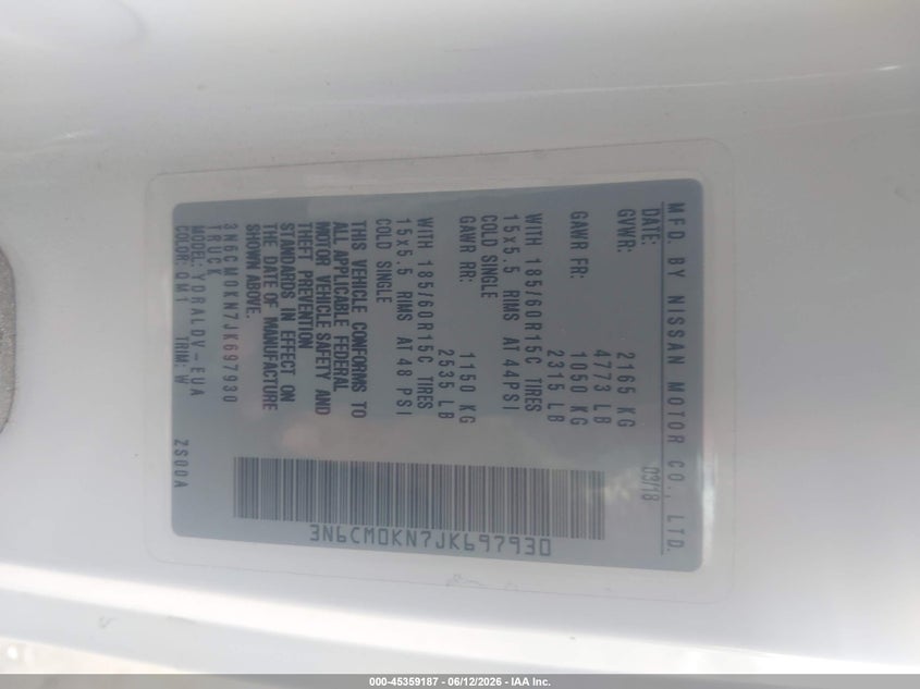 2018 Nissan Nv200 VIN 3N6CM0KN7JK697930 IAAI salvage auction — REAR END, Salvage (Virginia), sold $2,475 on 2026-07-07 (photo 9)