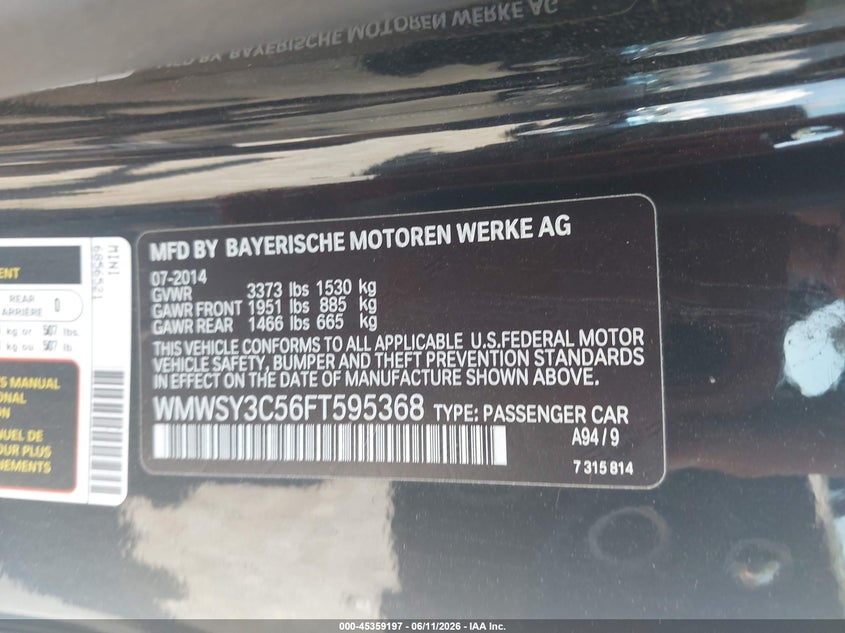 2015 Mini Roadster VIN WMWSY3C56FT595368 IAAI salvage auction — FRONT END, Clear (Tennessee), sold $1,300 on 2026-07-09 (photo 9)