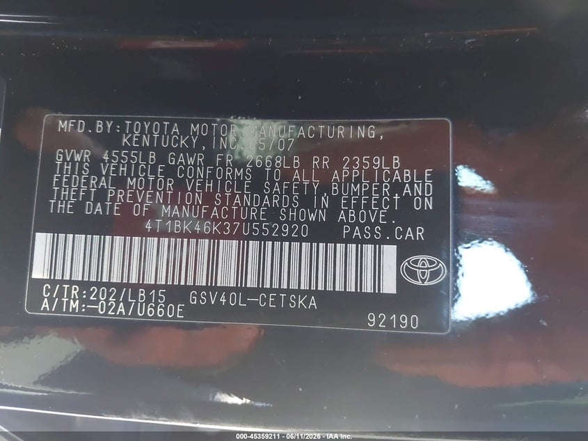 2007 Toyota Camry VIN 4T1BK46K37U552920 IAAI salvage auction — NORMAL WEAR, Clear - Dealer Only (California), sold $1,000 on 2026-07-09 (photo 9)