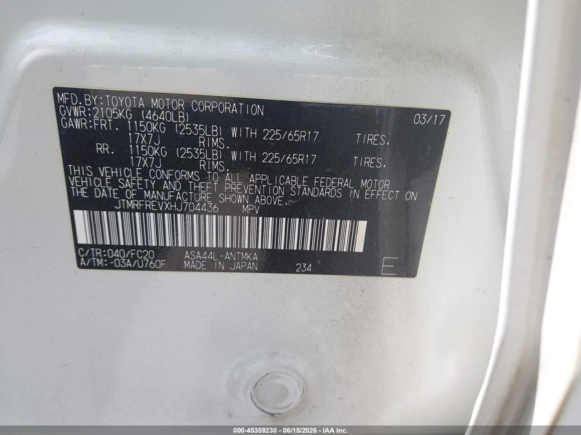2017 Toyota Rav 4 VIN JTMRFREVXHJ704436 IAAI salvage auction — LEFT REAR, Salvage (North Carolina), sold $5,300 on 2026-07-20 (photo 9)