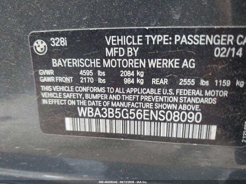 2014 BMW 3er VIN WBA3B5G56ENS08090 IAAI salvage auction — LEFT FRONT, Clear (Massachusetts), sold $400 on 2026-07-10 (photo 9)