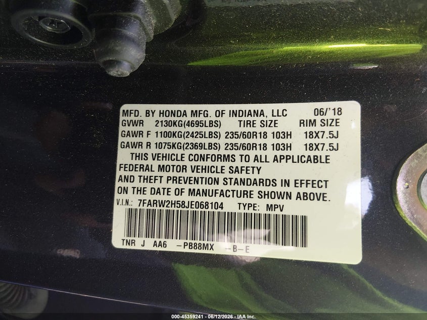 2018 Honda Cr-v VIN 7FARW2H58JE068104 IAAI salvage auction — REAR END, Salvage (South Carolina), sold $6,550 on 2026-07-28 (photo 9)