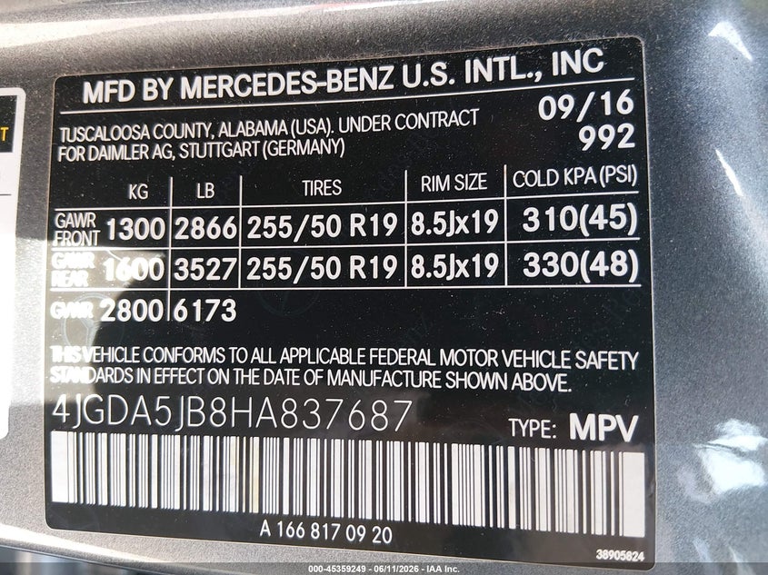 2017 Mercedes-benz Gle VIN 4JGDA5JB8HA837687 IAAI salvage auction — ROOF, Salvage (Georgia), sold $5,500 on 2026-07-17 (photo 9)