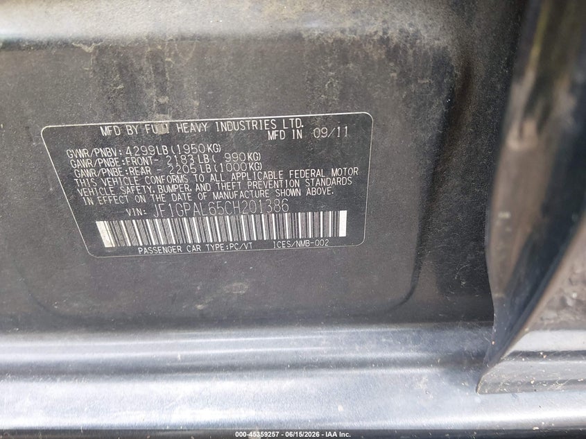 2012 Subaru Impreza VIN JF1GPAL65CH201386 IAAI salvage auction — NORMAL WEAR, Clear (Pennsylvania), sold $500 on 2026-07-07 (photo 9)