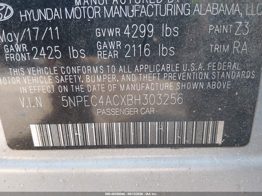 2011 Hyundai Sonata VIN 5NPEC4ACXBH303256 IAAI salvage auction — LEFT FRONT, Salvage (North Carolina), sold $275 on 2026-07-15 (photo 9)