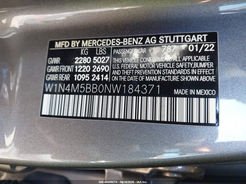 2022 Mercedes-benz VIN W1N4M5BB0NW184371 IAAI salvage auction — FRONT END, Mv-907A (New York), sold $15,600 on 2026-07-21 (photo 9)