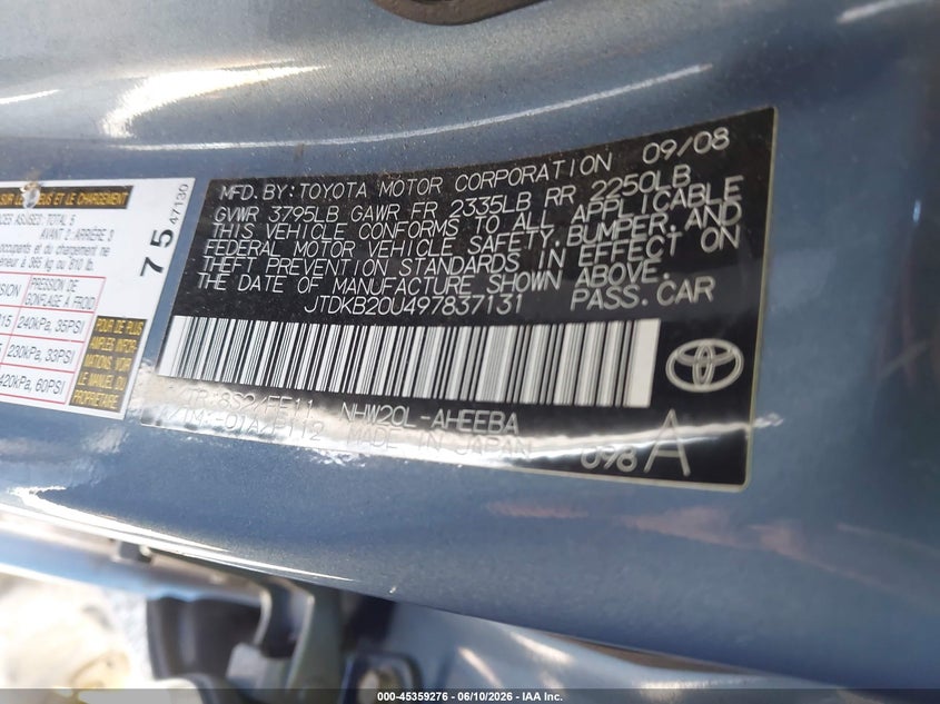 2009 Toyota Prius VIN JTDKB20U497837131 IAAI salvage auction — FRONT END, Salvage (California), sold $200 on 2026-07-07 (photo 9)