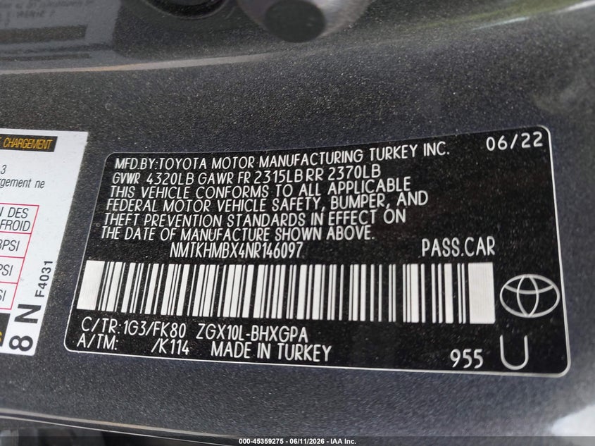 2022 Toyota C-hr VIN NMTKHMBX4NR146097 IAAI salvage auction — LEFT SIDE, Salvage Title, sold $7,750 on 2026-07-13 (photo 9)