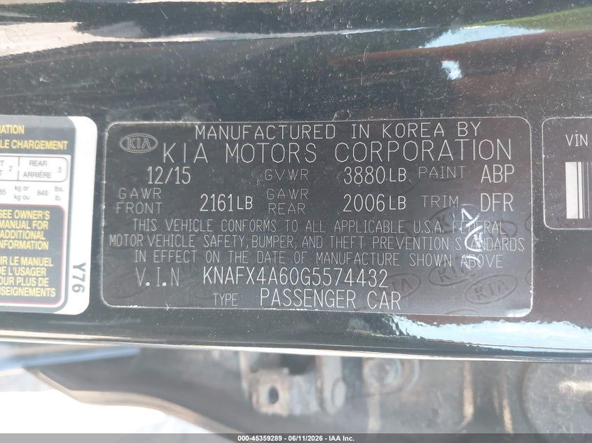 2016 Kia Forte VIN KNAFX4A60G5574432 IAAI salvage auction — REAR END, Clear (Indiana), sold $1,150 on 2026-07-28 (photo 9)